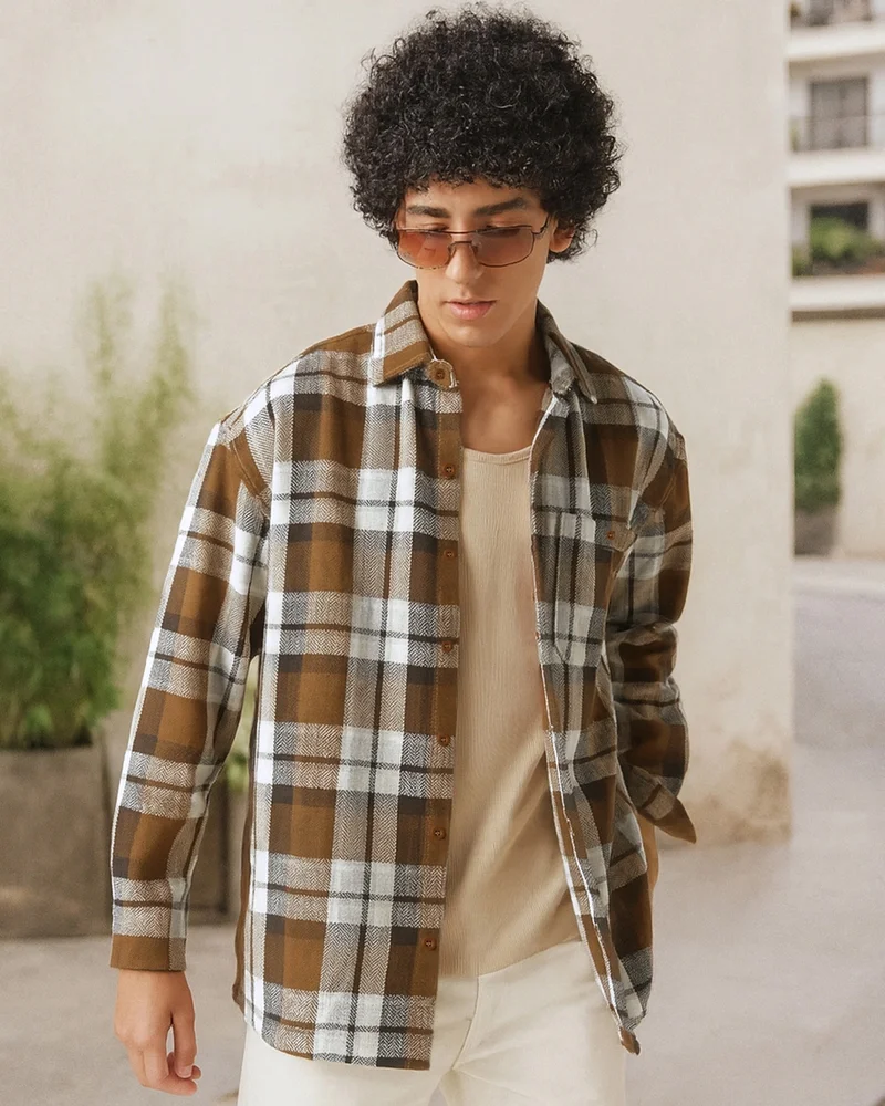 bewakoof Men's Rust Orange Checked Oversized Shirt
